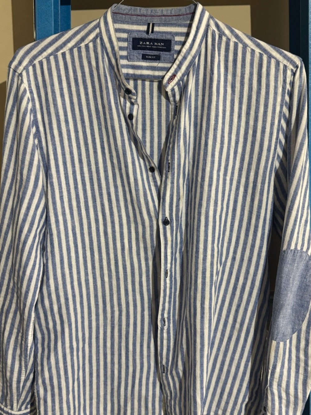 Zara Striped Band-Collar Shirt in Blue and White
